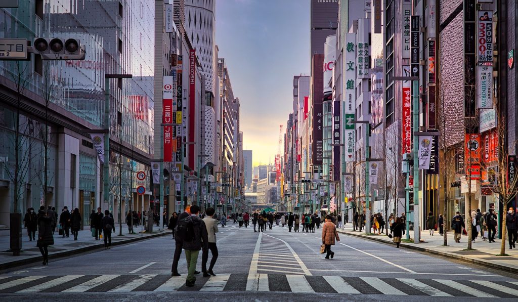 buildings, people, road